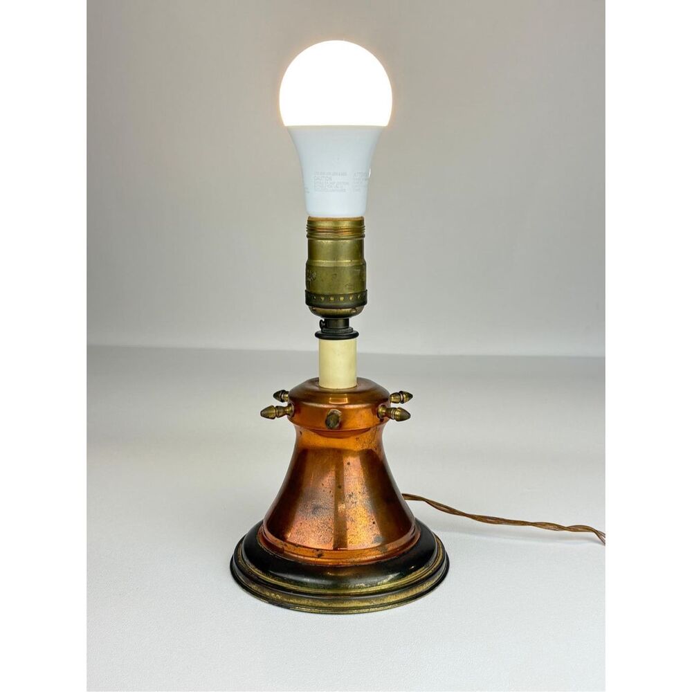 Antique Copper & Brass Art Deco Accent Lamp Nautical Spires Patina Vessel 8in J2